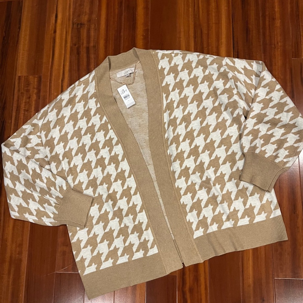 Loft Houndstooth Cardigan Sweater Grandpa Open Front Beige Tan New NWT Size XL